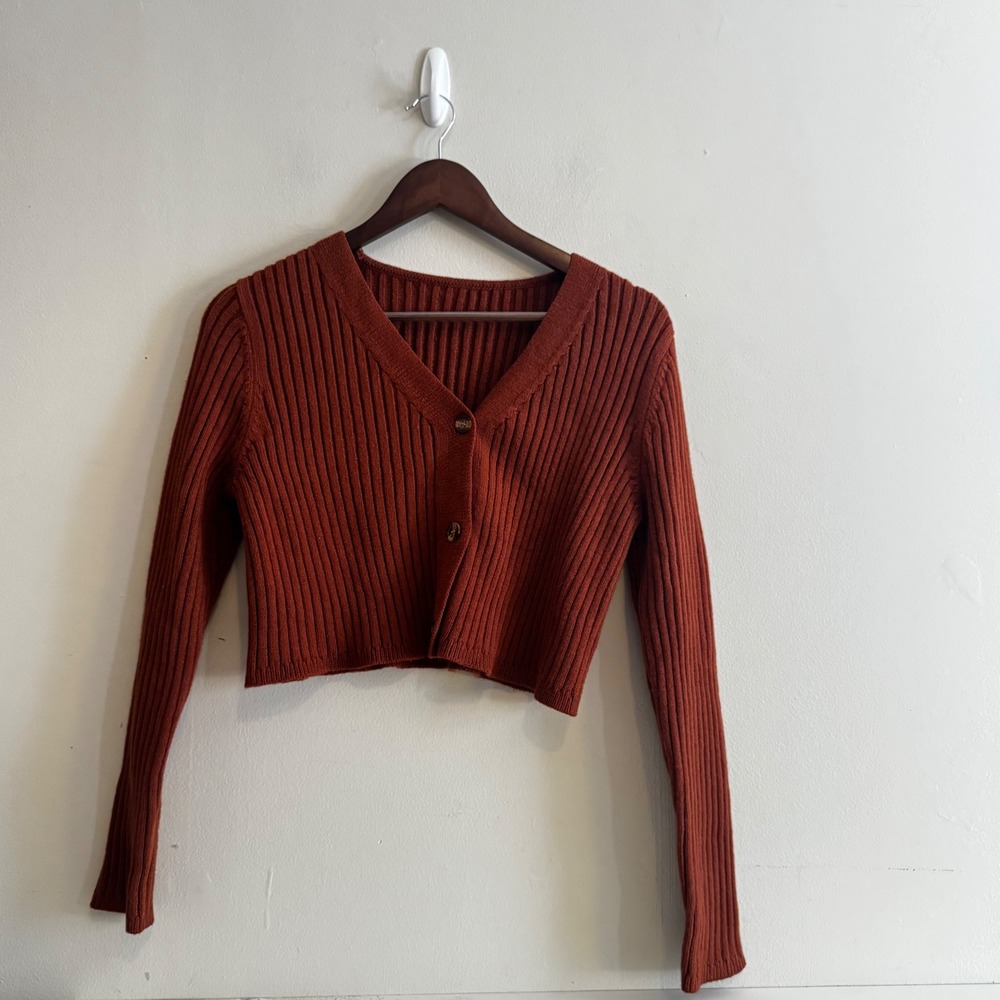 Women's Sz Med Rust Orange Ribbed Knit Cropped Cardigan Fall Fairy Boho Indie